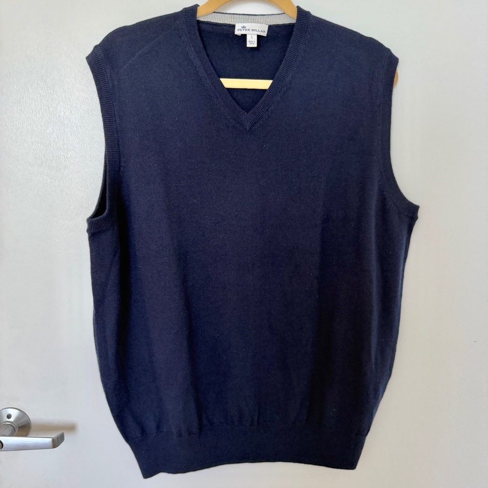 Peter Millar Wool Silk Blend Sweater Vest Sz L Navy Preppy Golf Luxury